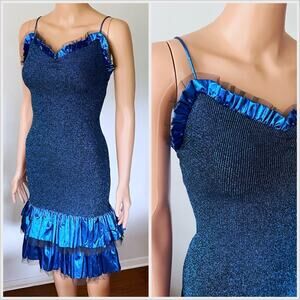 Vintage 80s Blue Metallic‎ Prom Dress Lurex Lamé Formal Disco // Size XS
